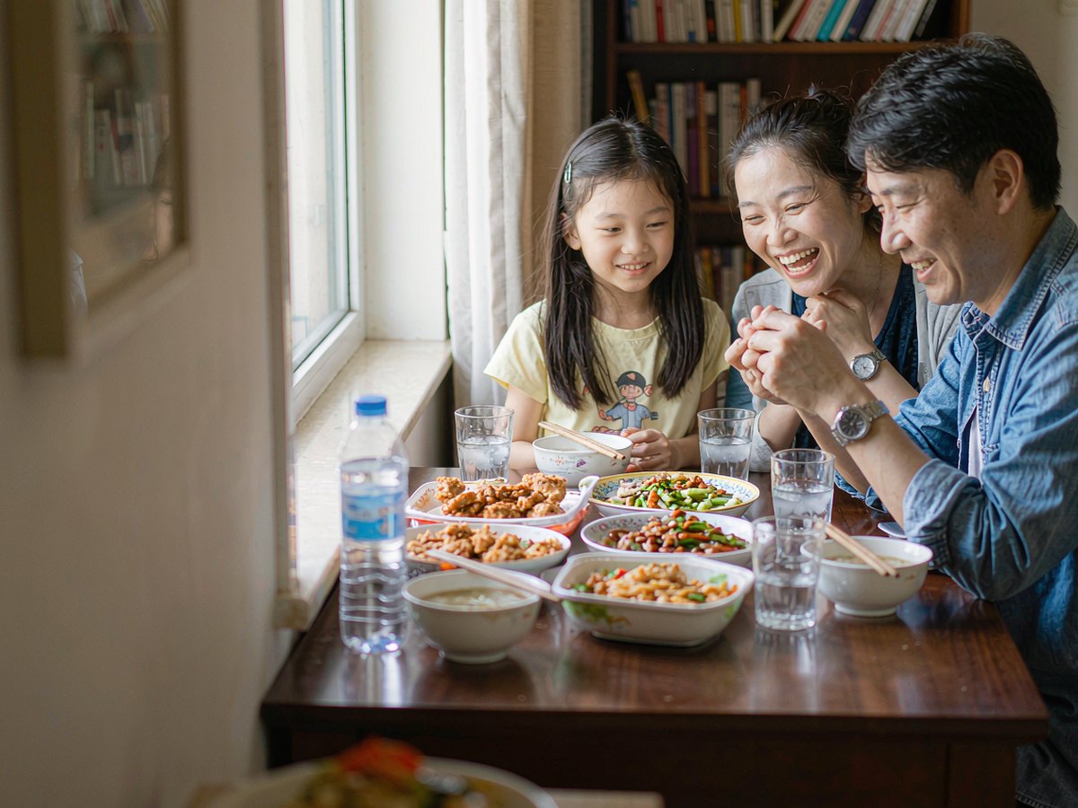 一家三口围坐在家里的餐桌前吃饭，桌上是刚做好的几道家常菜